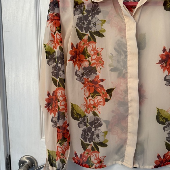 VILA Women's Sheer Floral Blouse - Cream, Red, and Green - Picture 5 of 8